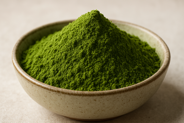 hyper realistic green moringa powder in a bowl