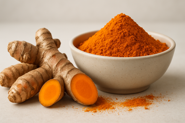 turmeric root and a bowl of orange turmeric powder hyper realistic